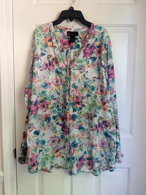 Lane Bryant White Multi Floral V-Neck Tunic